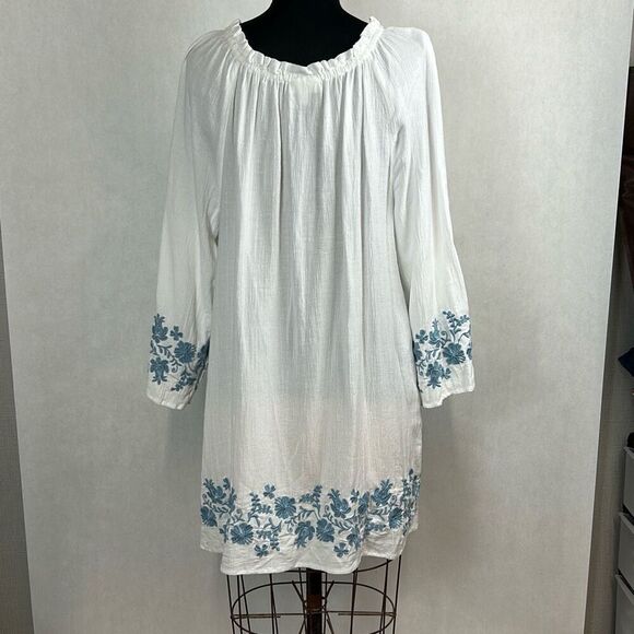 J. Jill White Gauze Tunic Top Pullover Sz Large Blue Embroidered Flowers Boho Be - Picture 4 of 10